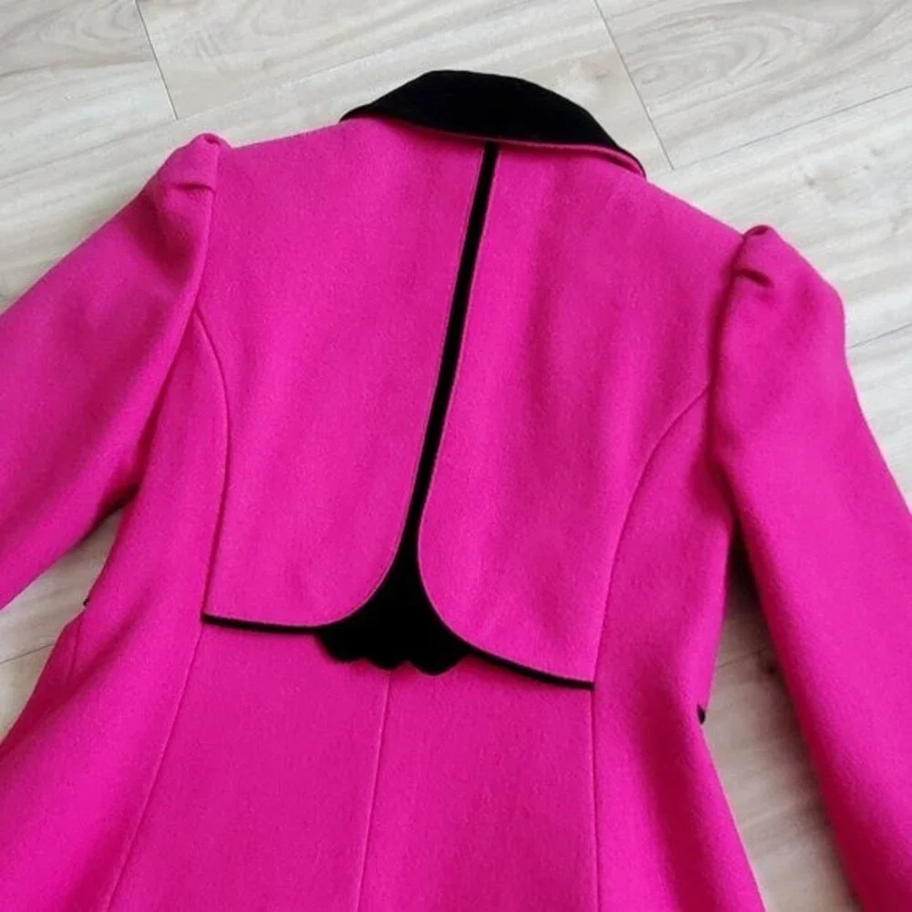 Vintage 70s/80s Rothschild Pink Wool Black Velvet Coat - Picture 4 of 12